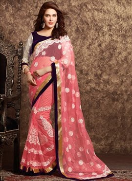 Pinkish Peach Net Embroidered Saree
