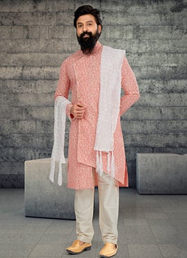 Pinkish Peach Printed Cotton Silk Indowestern Sherwani