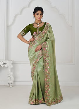 Pista Green Dola Viscose Silk Embroidered Sequins With Beads Stone And Aari Work Saree