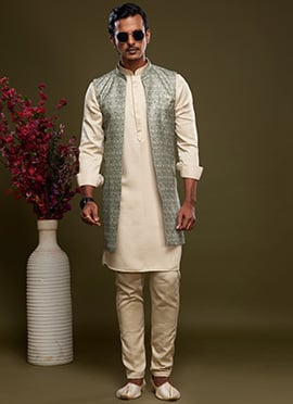 Pista Green Art Silk Banarasi Bandi Set