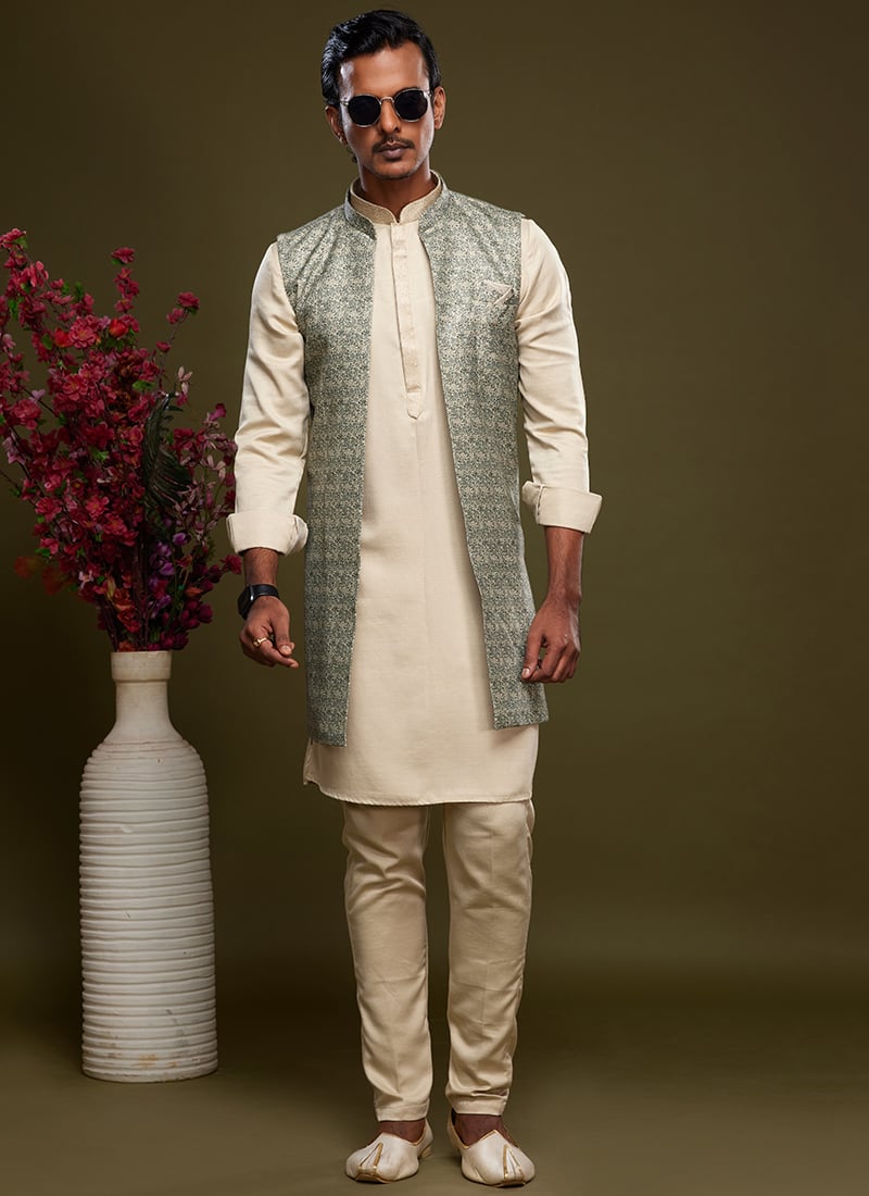Pista Green Art Silk Banarasi Bandi Set Festive Wear