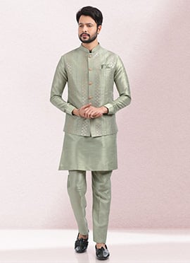 Pista Green Art Silk Computer Thread Nehru Jacket With Kurta Pyjama