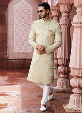 Pista Green Art Silk Embroidered Indowestern Sherwani