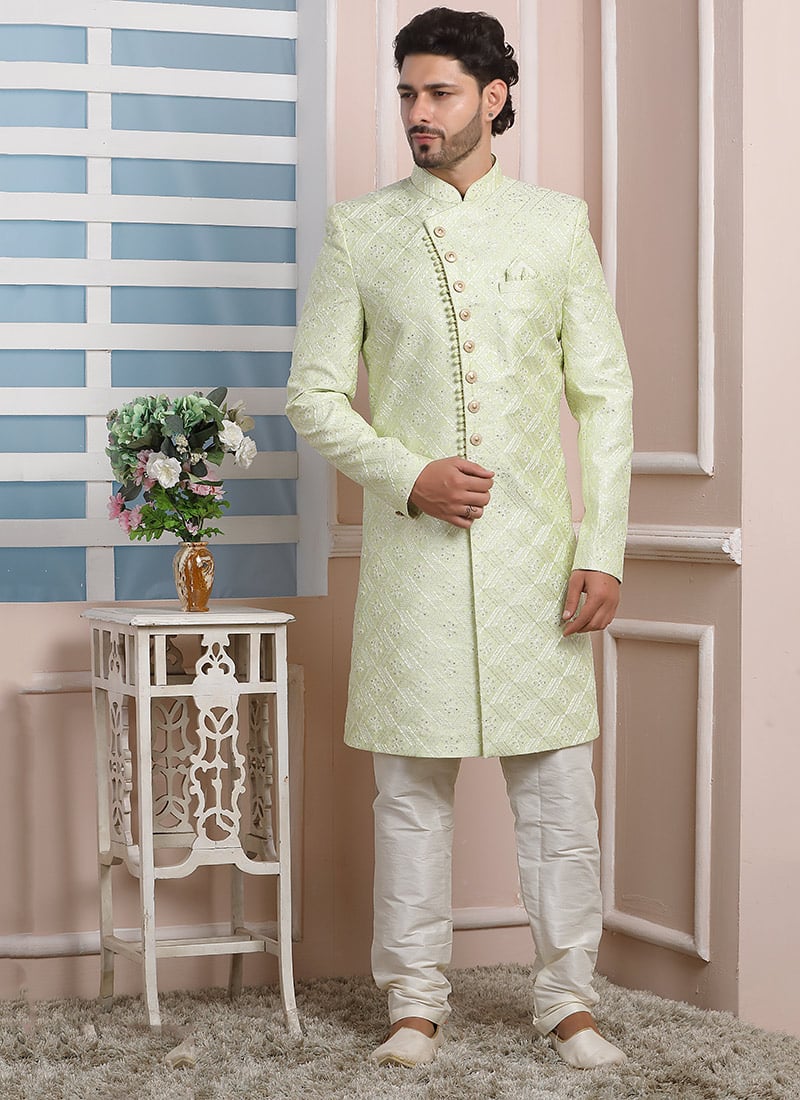 Pista Green Art Silk Embroidery Indowestern Sherwani
