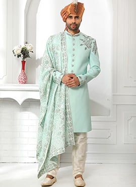 Pista Green Art Silk Hand Embroidery work Classic Sherwani