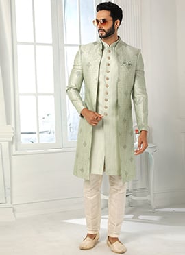 Pista Green Art silk Jacquard Classic Sherwani