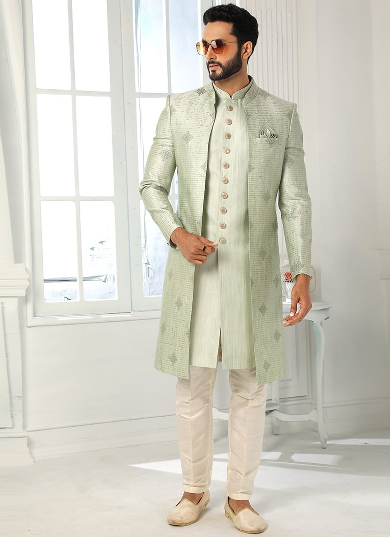 Pista Green Art silk Jacquard Classic Sherwani Party Wear