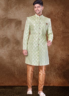 Pista Green Art Silk Jacquard Classic Sherwani