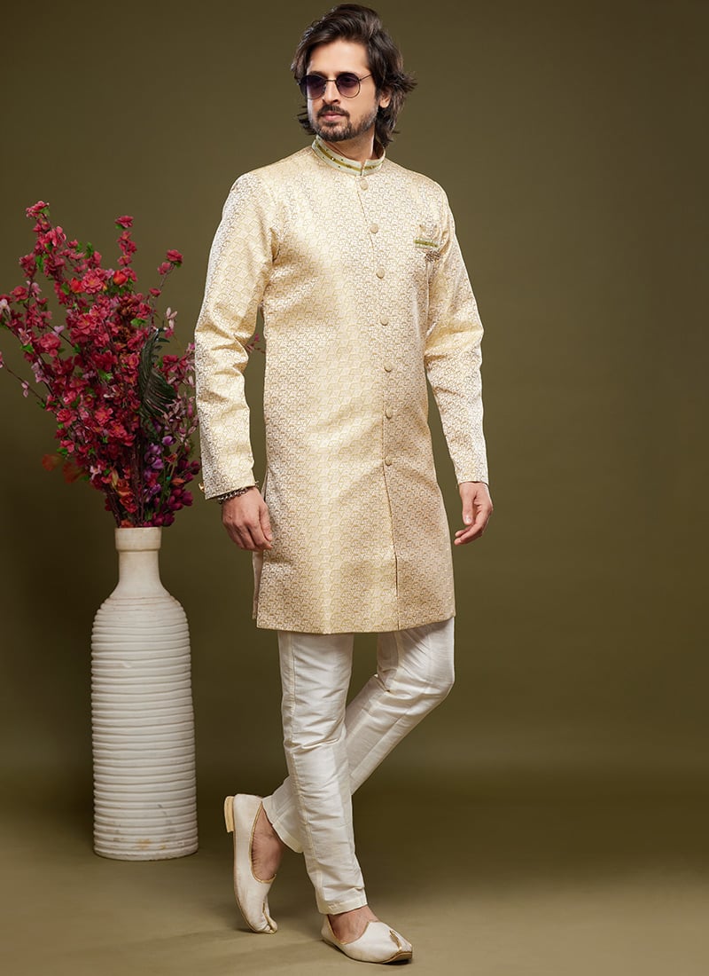 Cream Art Silk Jacquard Indowestern Sherwani Party Wear