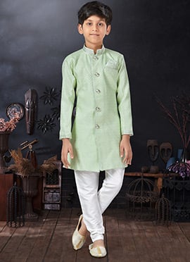 Pista Green Art Silk Jacquard Kids Boys Indowestern Sherwani