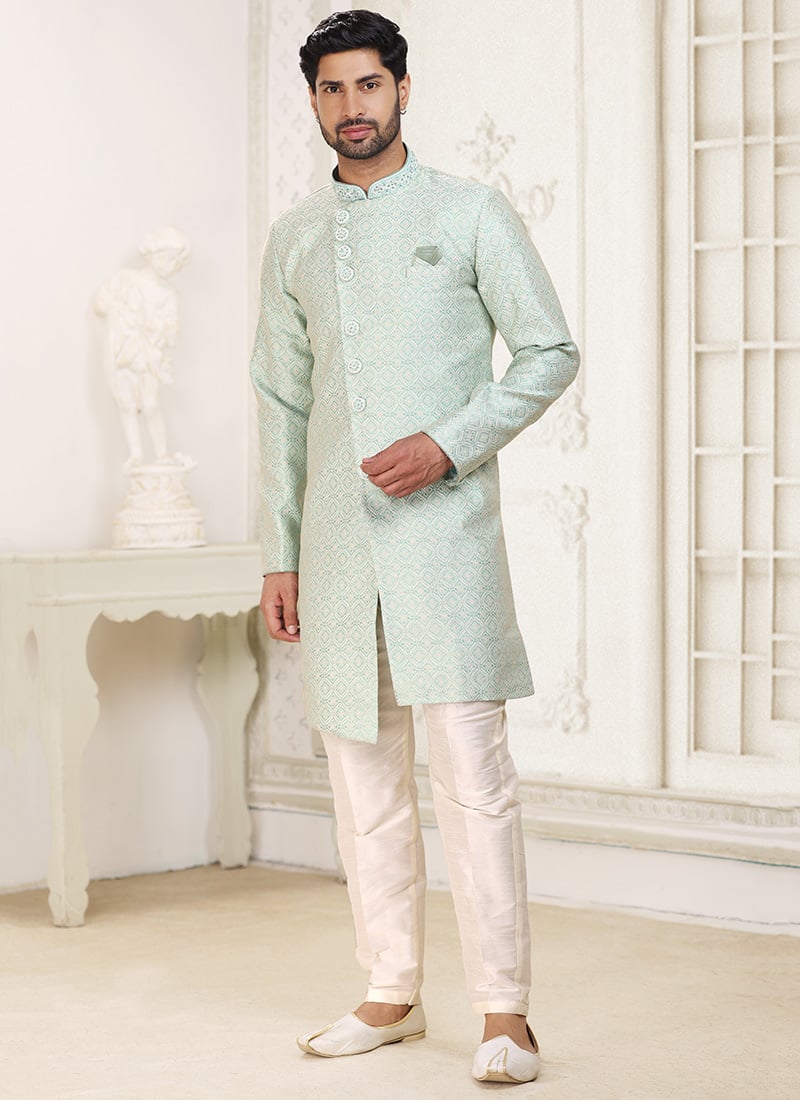 Pista Green Art Silk Jacquard Work Indowestern Sherwani Party Wear