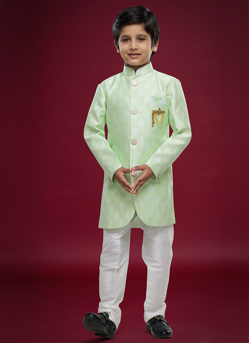 Pista Green Banarasi Jacquard Kids Boys Indowestern Sherwani Party Wear