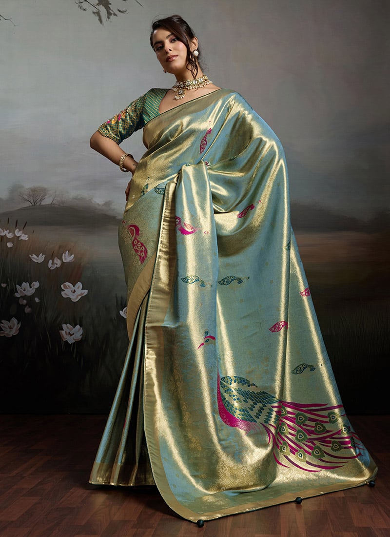 Pista Green Banarasi Jacquard Zari Woven saree Festive Wear