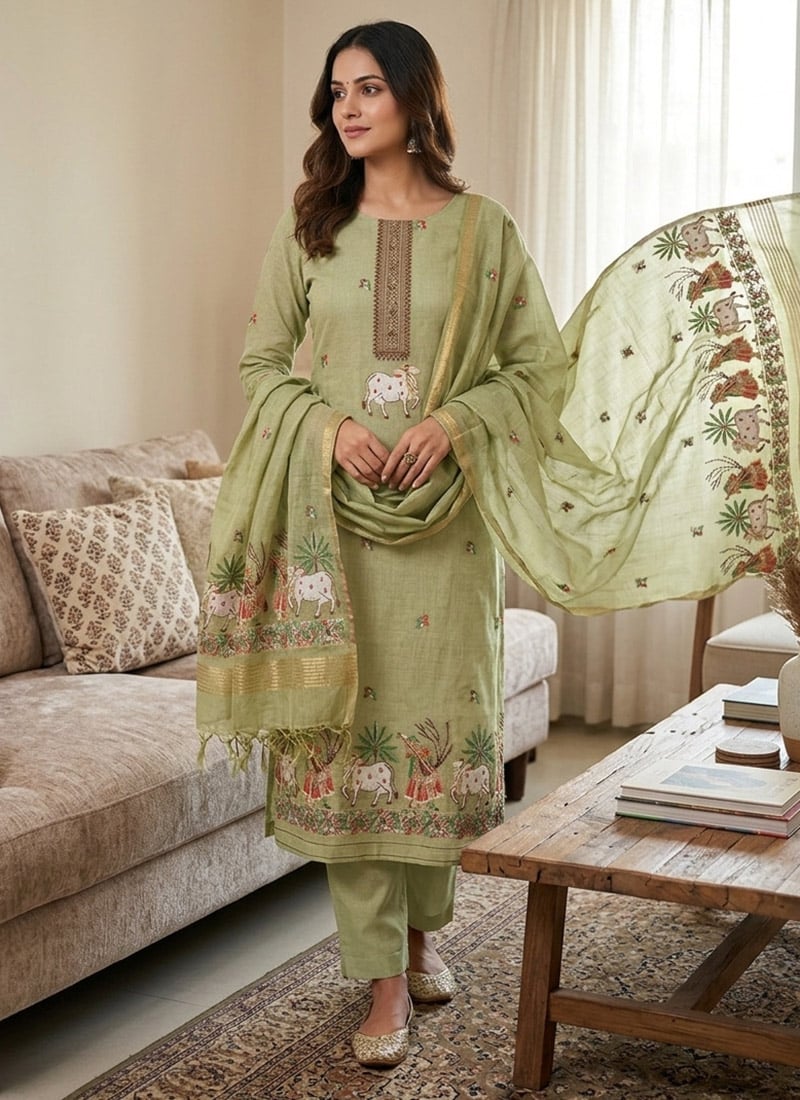 Pista Green Banarasi Jamdani Pichwai Weaving Straight Pant Suit Leisure Wear