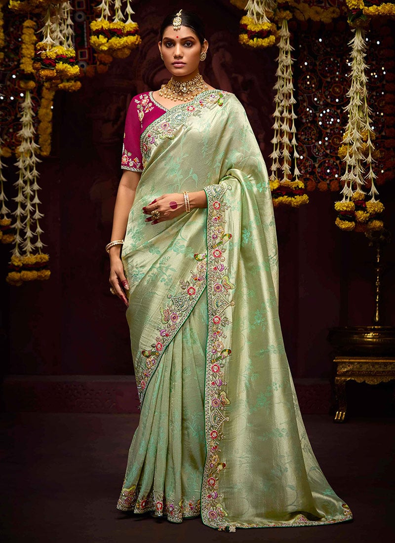 Pista Green Banarasi Silk Embroidered And Sequins Beads Thread Work Saree Wedding Wear