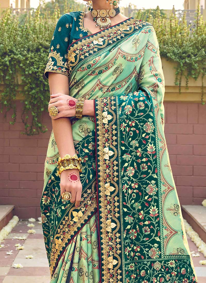 Pista Green Banarasi Silk Embroidered Designer Saree