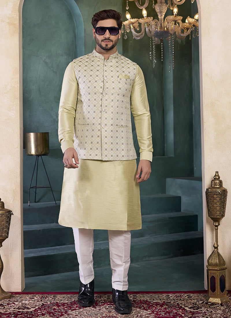 Pista Green Banarasi Silk Jacquard Bandi Set Festive Wear