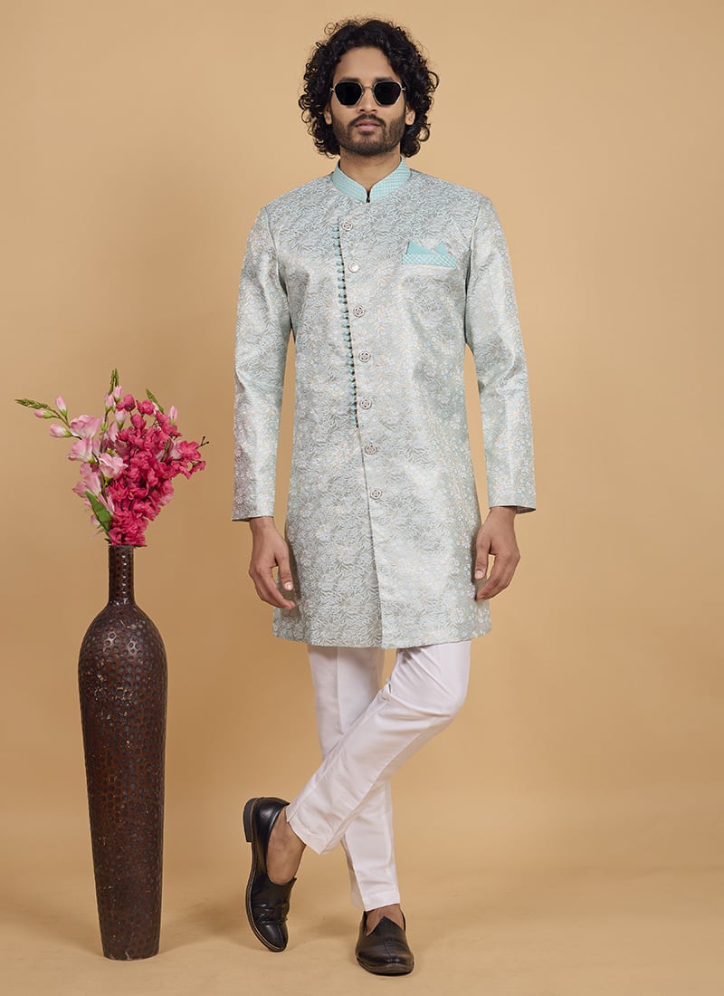 Pista Green Banarasi Silk Jacquard Indowestern Sherwani Wedding Wear