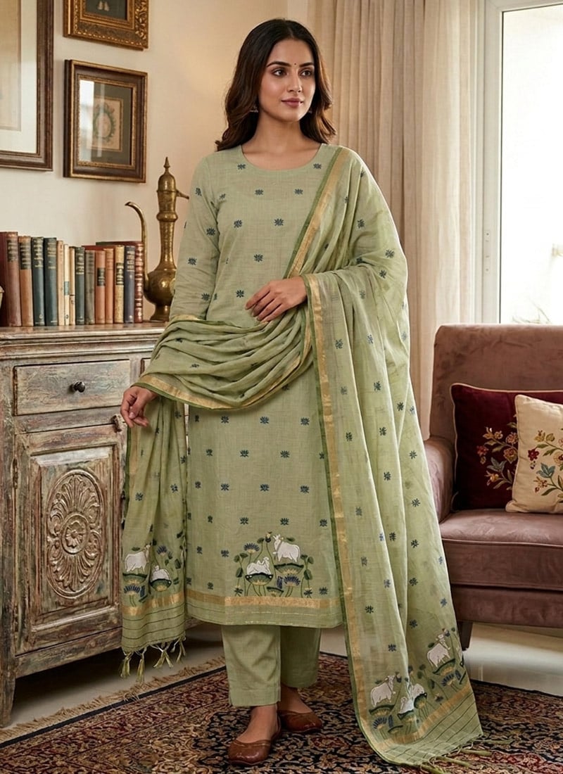 Pista Green Banarasi Silk Pichwai Weaving Straight Pant Suit Leisure Wear