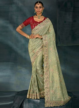 Pista Green Banarasi Silk Thread Zarkan Stones Lucknowi Saree