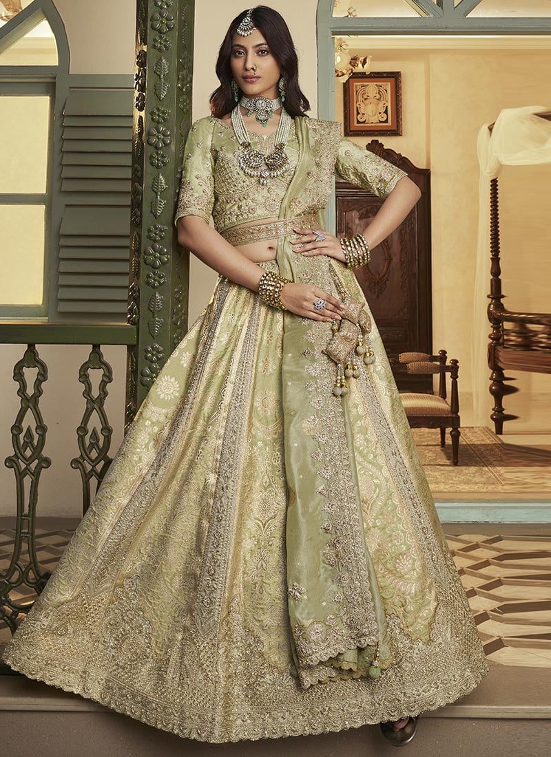 Pista Green Banarasi Silk Zari Embroidered Sequins With Stone Work Lehenga Wedding Wear