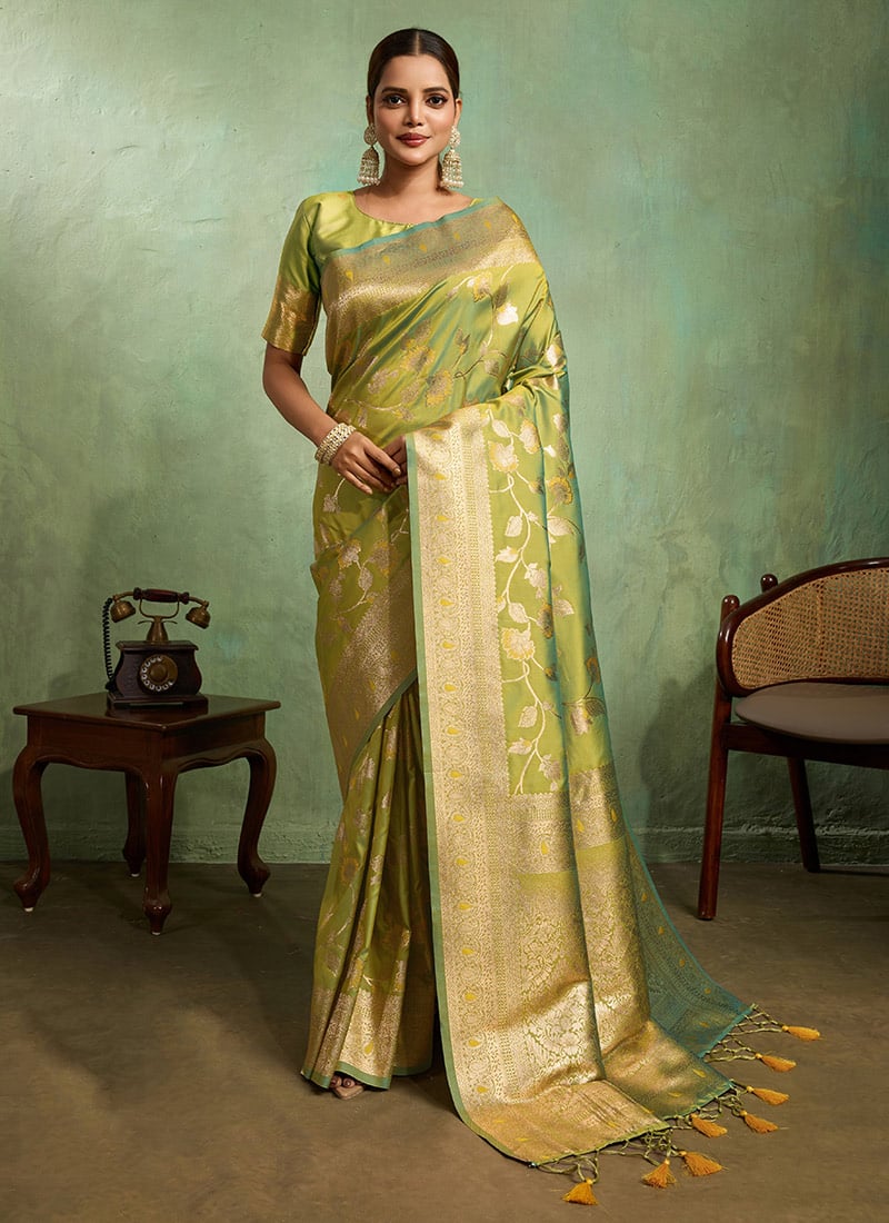 Pista Green Banarasi Silk Zari Saree Festive Wear
