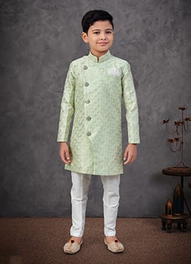 Pista Green Banarasi Zari Jacquard Embroidered Sequins Boys Indowestern Sherwani