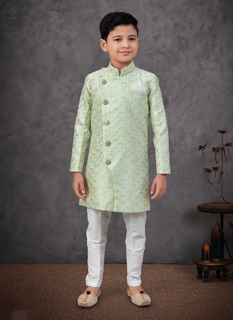 Pista Green Banarasi Zari Jacquard Embroidered Sequins Boys Indowestern Sherwani