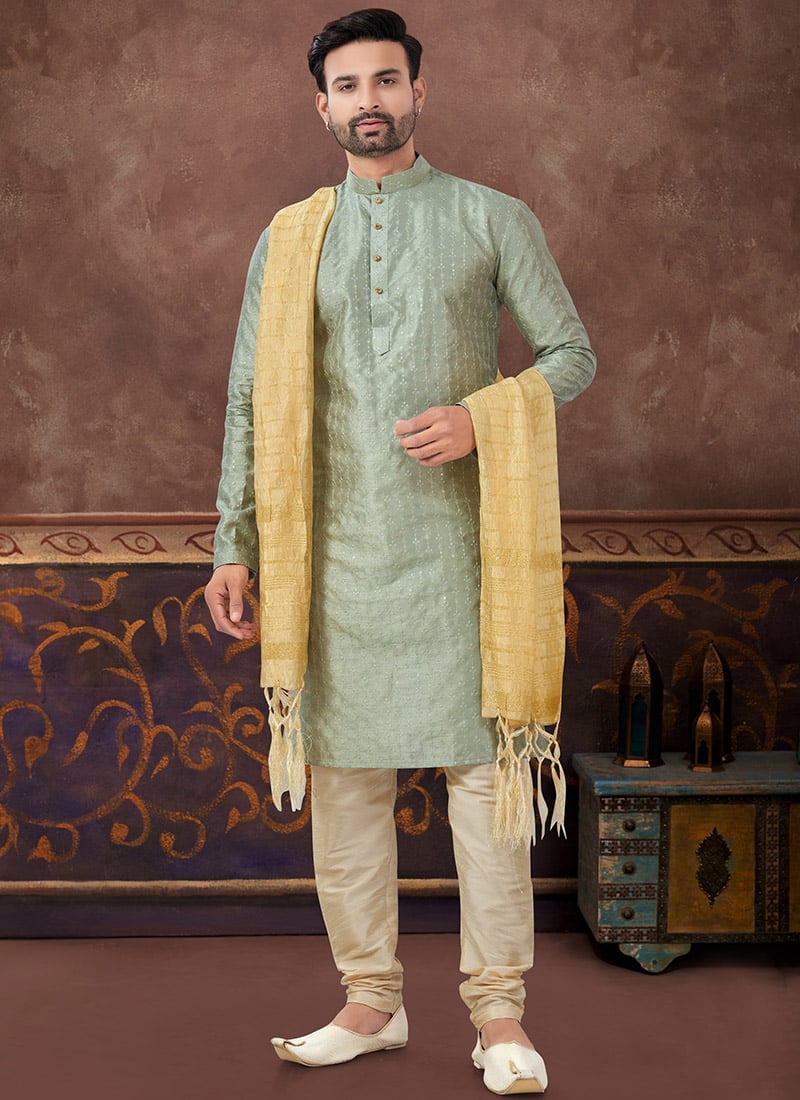 Pista Green Banglory Silk Sequins Kurta Pyjama Festive Wear