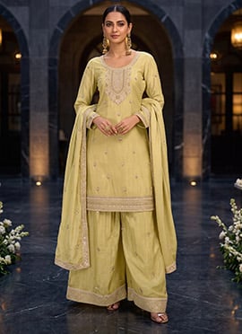 Pista Green Beaded Sequined Embroidered Chinon Palazzo Suit