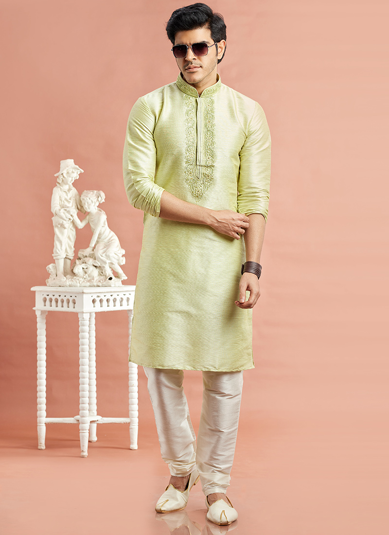Pista Green Benarasi Silk Thread Embroidered Kurta Pyjama Festive Wear