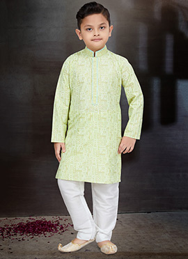 Pista Green Blended Cotton Printed Kids Boys Kurta Pyjama