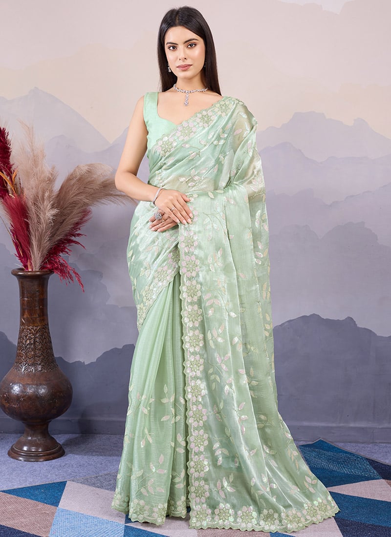 Pista Green Burberry Silk Sequins Embroidered Saree Festive Wear