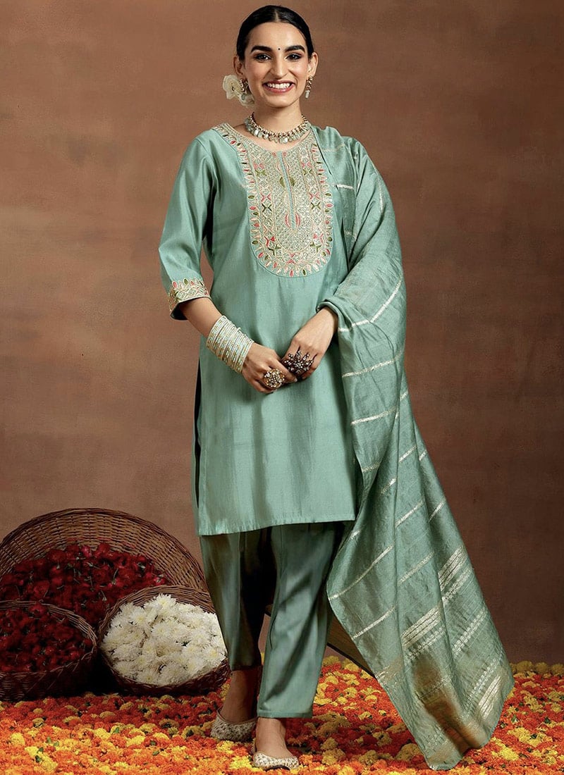 Pista Green Chanderi Embroidered Sequins Straight Pant Suit After Six Wear