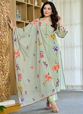 Pista Green Chanderi Printed Straight Pant Suit