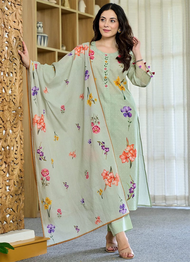 Pista Green Chanderi Printed Straight Pant Suit After Six Wear