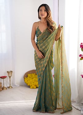 Pista Green Chiffon Cutdana Lace Work Saree