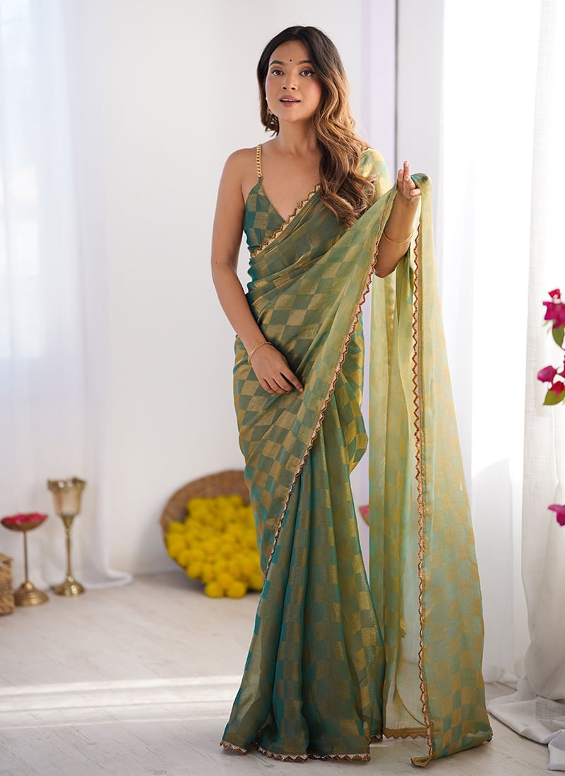 Pista Green Chiffon Cutdana Lace Work Saree Festive Wear