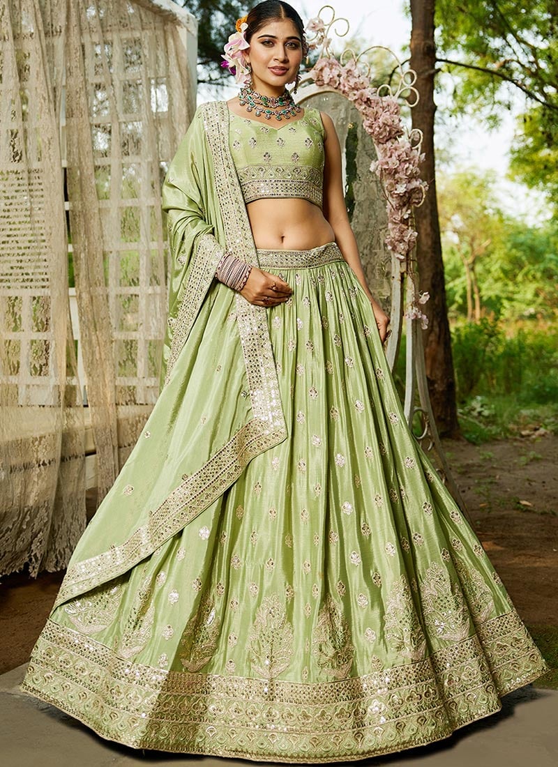 Pista Green Chiffon Embroidered Sequins Lehenga Wedding Wear