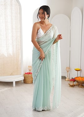 Pista Green Chiffon Sequins Cut Dana Beads Work Saree