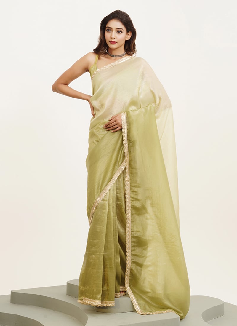 Pista Green Chiffon Sequins Saree After Six Wear
