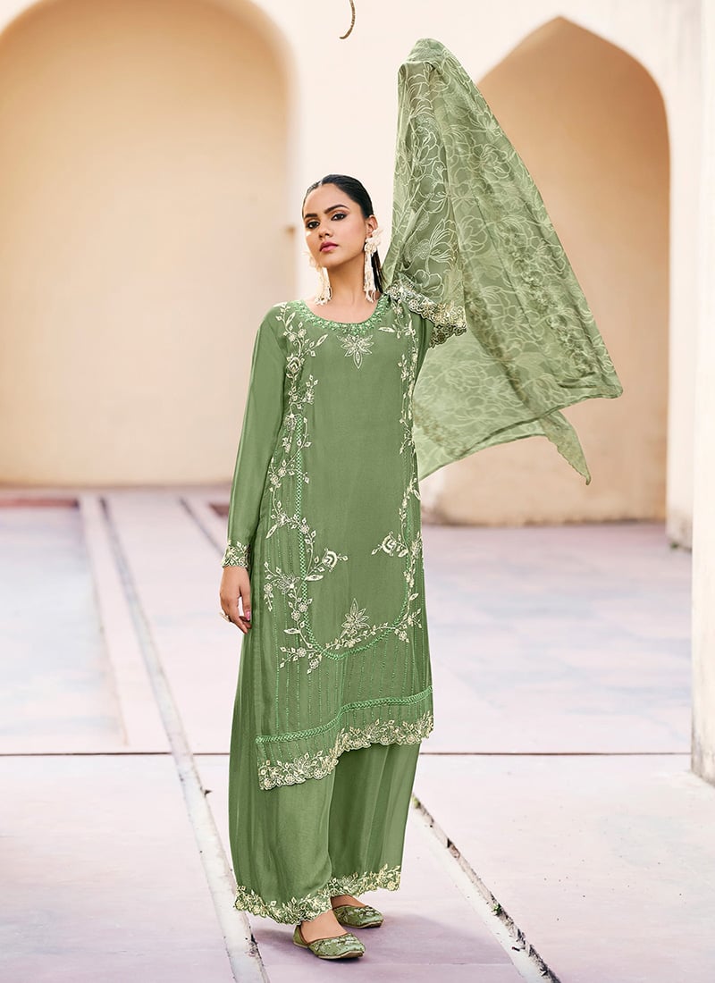 Pista Green Chinon Embroidered Palazzo Suit