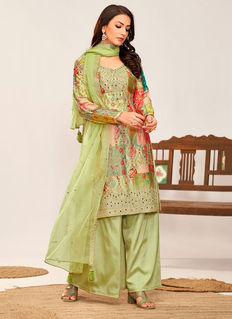 Pista Green Chinon Embroidered Printed Regal Palazzo Suit Festive Wear