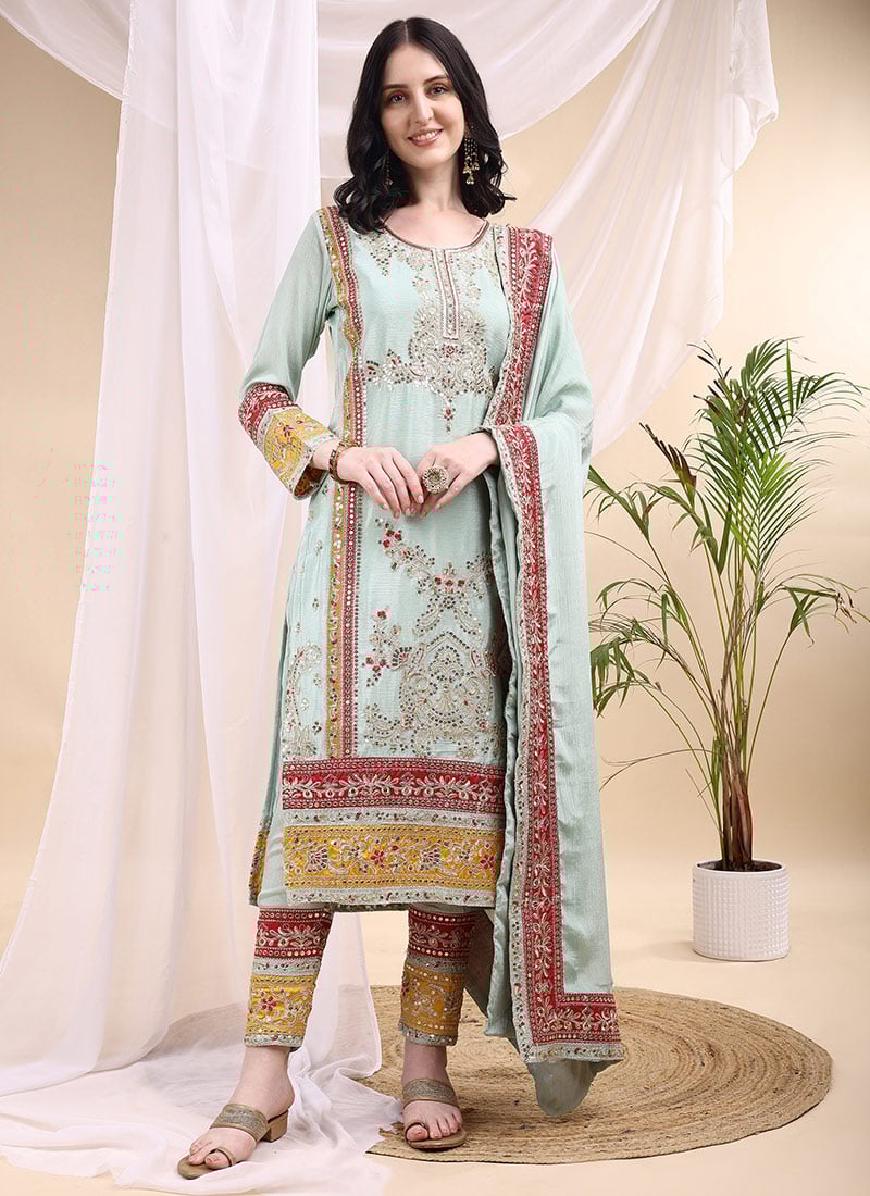 Pista Green Chinon Embroidered Sequins Straight Pant Suit Festive Wear