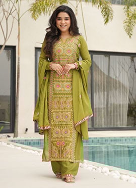 Pista Green Chinon Embroidered Sequins Thread Straight Pant Suit