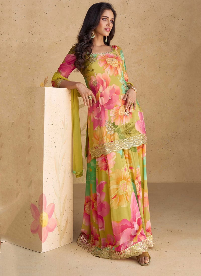 Pista Green Chinon Floral Digital Print Sequins Palazzo Suit For Stylish Party Wear