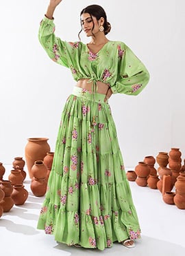 Pista Green Chinon Floral Print Indowestern Skirt Set