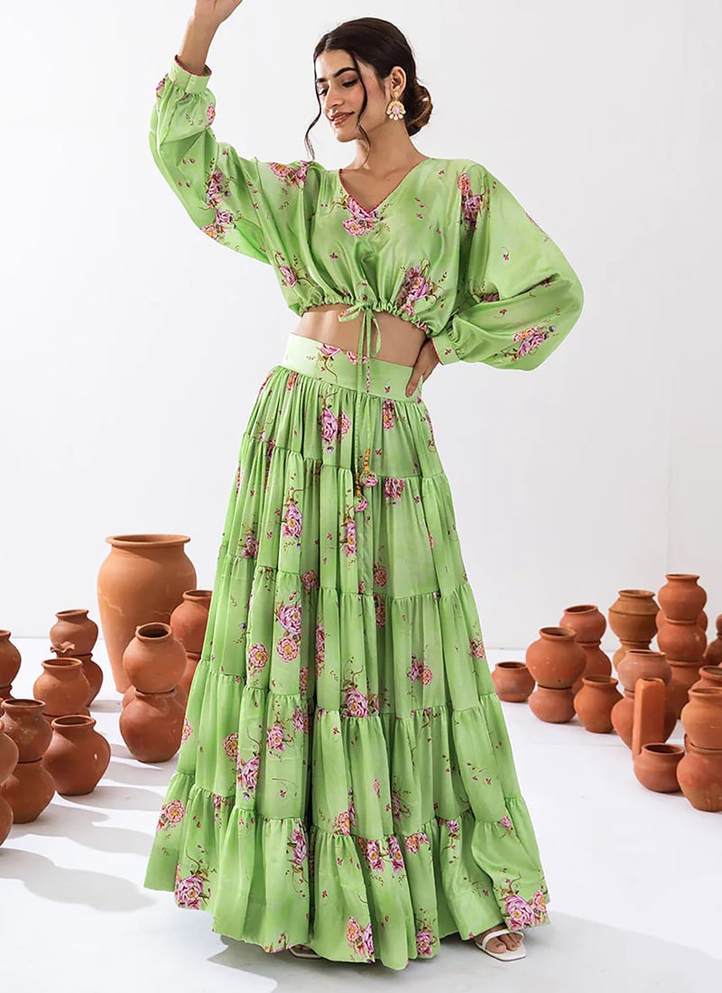 Pista Green Chinon Floral Print Indowestern Skirt Set After Six Wear