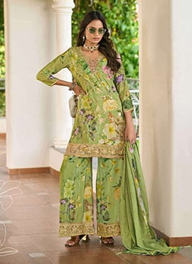 Pista Green Chinon Sequins Embroidered Digital Print Palazzo Suit