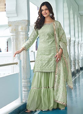 Pista Green Chinon Silk Embroidered Sequins Sharara Suit